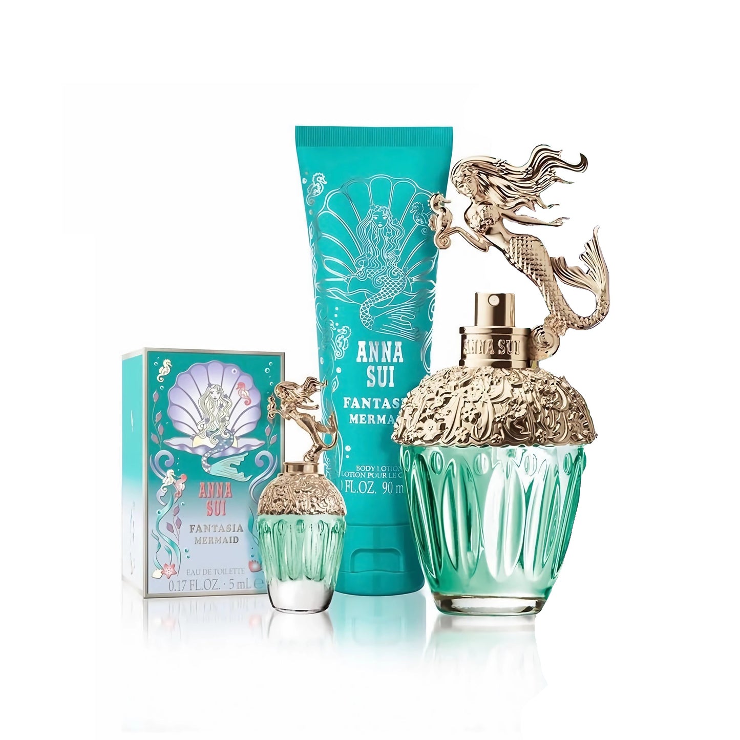 ANNA SUI FANTASIA MERMAID 3 PCS SET FOR WOMEN: 1.7 EAU DE TOILETTE SPRAY + 5 ML EAU DE TOILETTE MINI + 3 OZ BODY LOTION