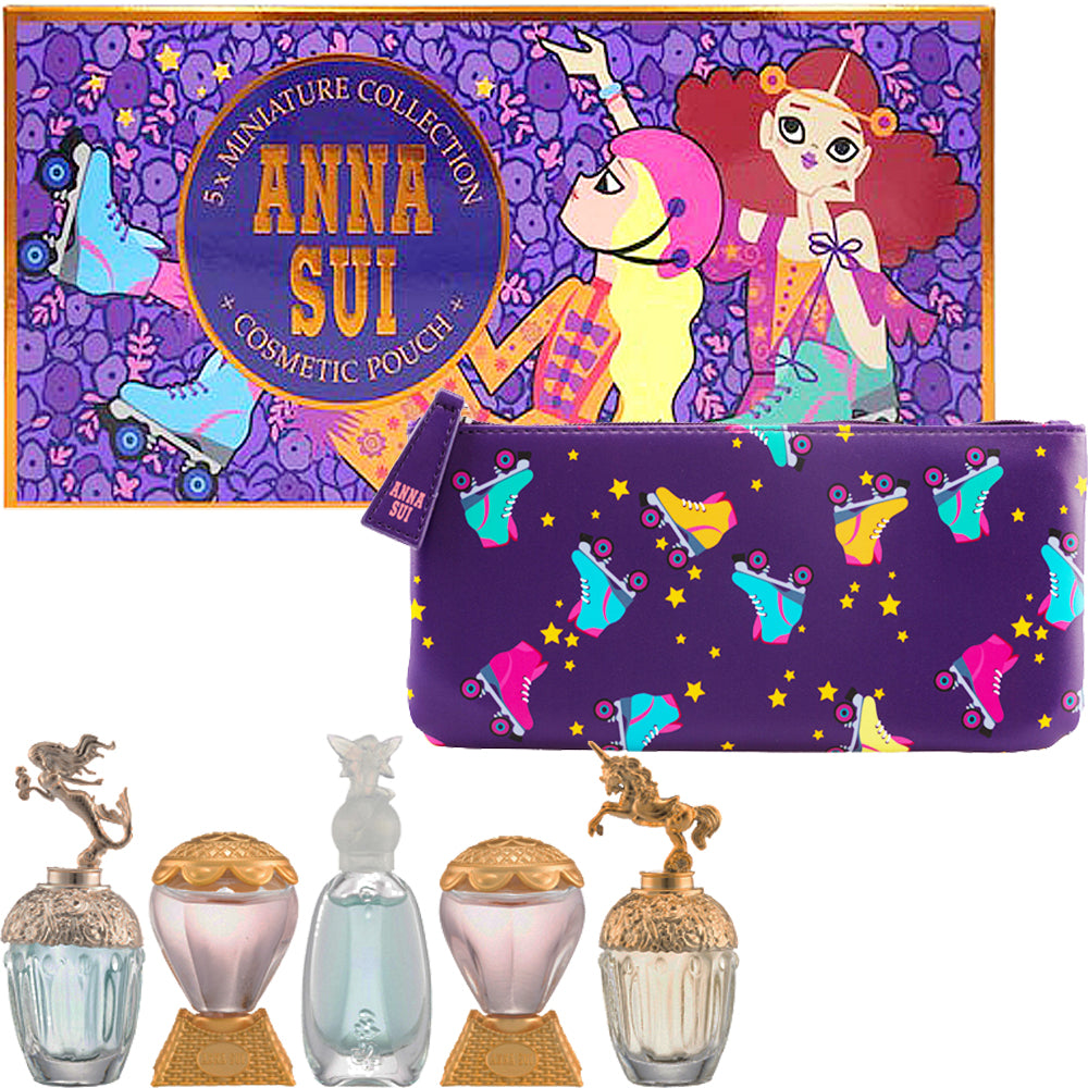 ANNA SUI 6 PC MINI SET FOR WOMEN: FANTASIA 0.17 EAU DE TOILETTE + FANTASIA MERMAID 0.17 EAU DE TOILETTE + SECRET WISH 0.17 EAU DE TOILETTE + 2 X SKY 0.17 EAU DE TOILETTE + POUCH