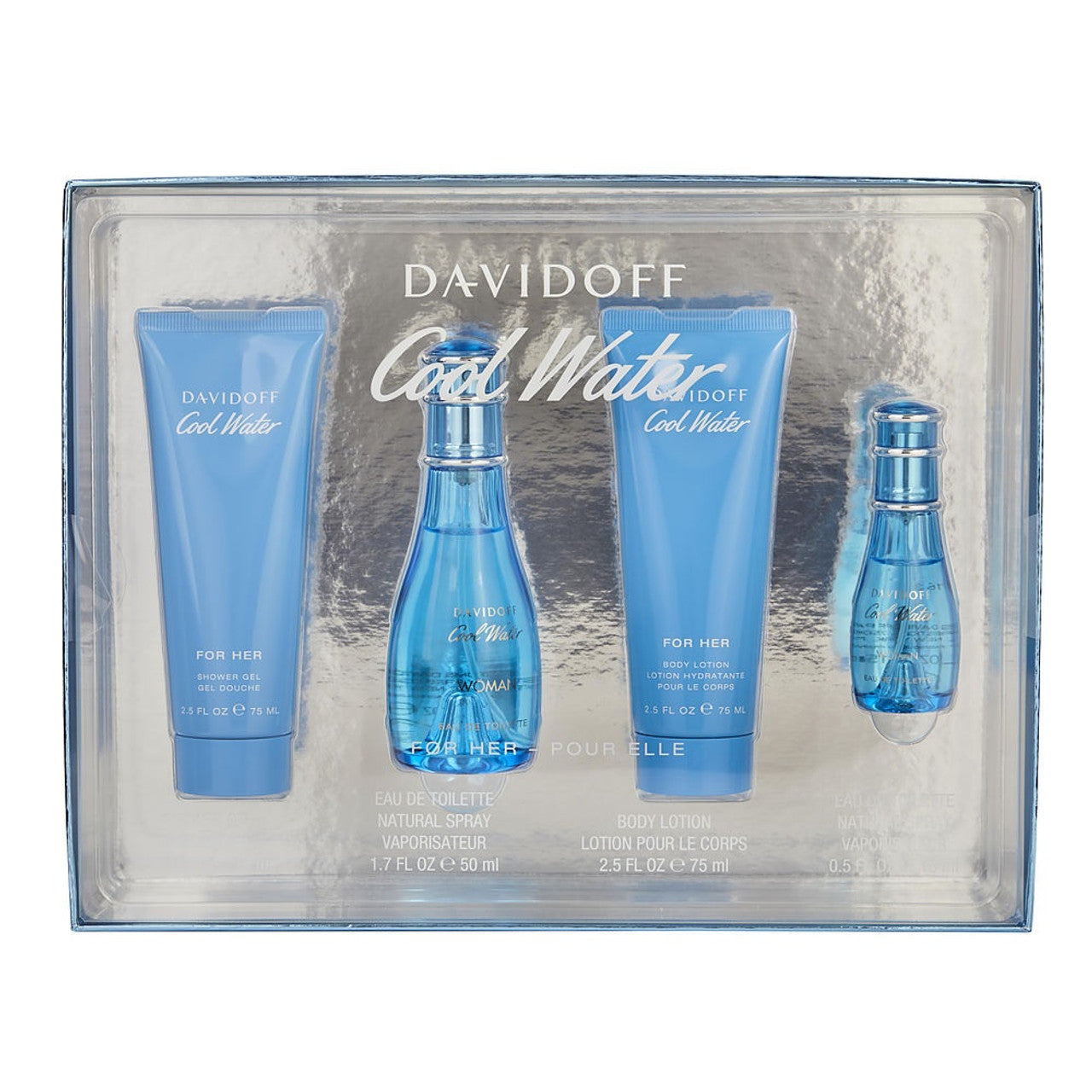 COOLWATER 4 PCS SET FOR WOMEN: 1.7 EAU DE TOILETTE SPRAY + 2.5 BODY LOTION + 2.5 SHOWER GEL + 15 ML EAU DE TOILETTE SPRAY