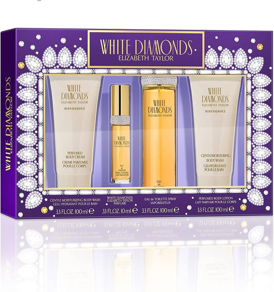 WHITE DIAMONDS 4 PCS SET FOR WOMEN: 3.3 EAU DE TOILETTE SPRAY + 0.33 EAU DE TOILETTE SPRAY + 3.3 BODY LOTION + 3.3 BODY WASH