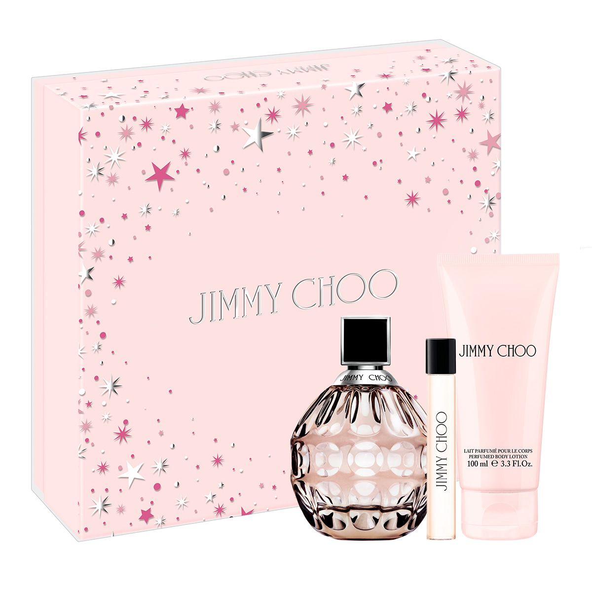 JIMMY CHOO 3 PCS SET FOR WOMEN: 3.3 EAU DE PARFUM SPRAY + 0.25 EAU DE PARFUM SPRAY + 3.3 BODY LOTION..