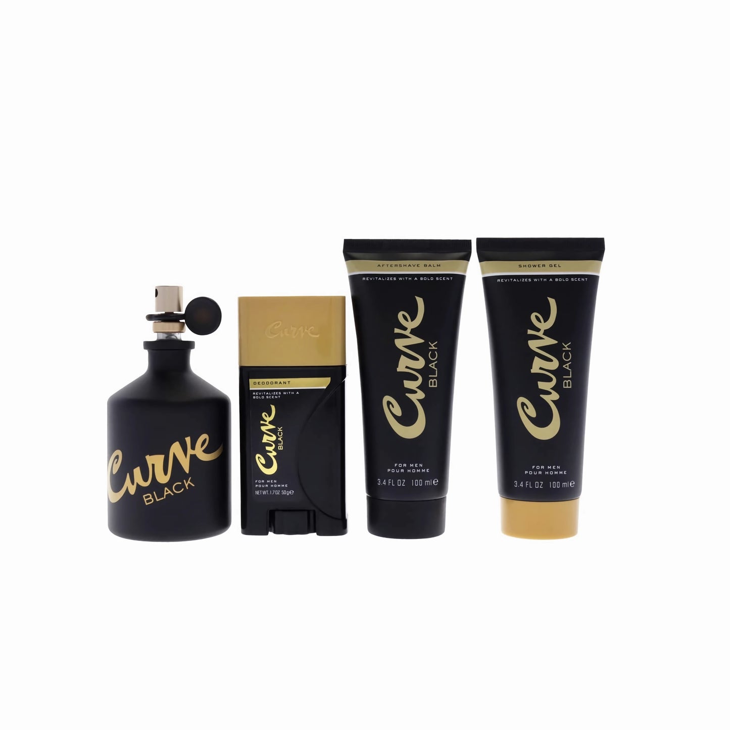 CURVE BLACK 4 PCS SET FOR MEN: 4.2 EAU DE COLOGNE SPRAY + 3.4 AFTER SHAVE BALM + 3.4 SHOWER GEL + 1.7 DEODORANT STICK