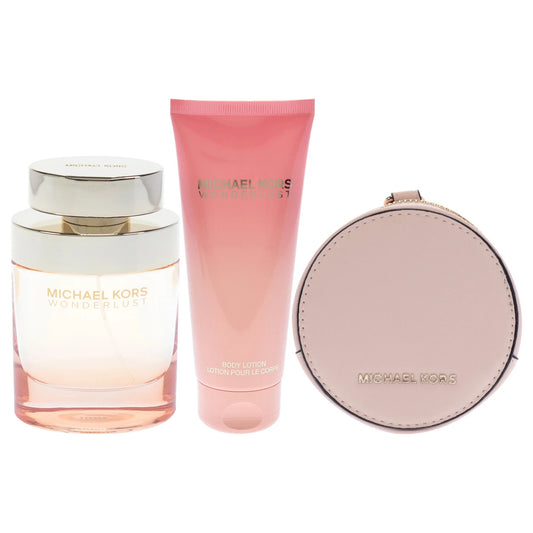 MICHAEL KORS WONDERLUST 3 PCS SET FOR WOMEN: 3.4 EAU DE PARFUM SPRAY + 3.4 BODY LOTION + ROUND PURSE