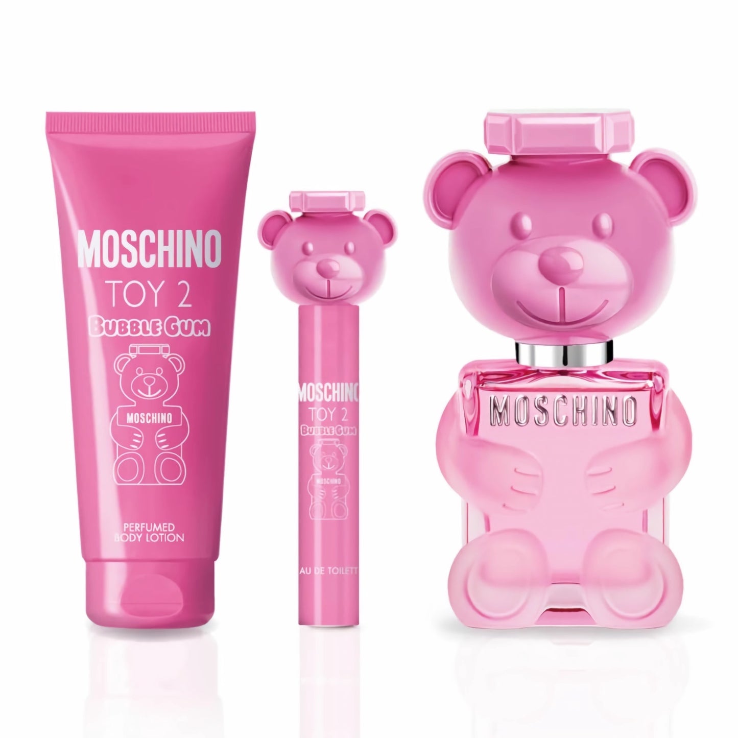 MOSCHINO TOY 2 BUBBLE GUM 3 PCS SET FOR WOMEN: 3.4 EAU DE TOILETTE SPRAY + 0.3 EAU DE TOILETTE SPRAY + 3.4 BODY LOTION