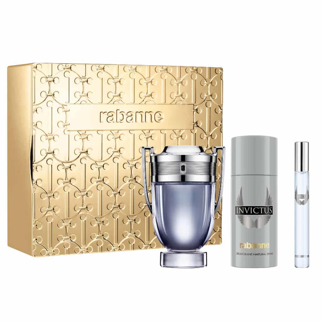 PACO RABANNE INVICTUS 3 PCS SET: 3.4 EAU DE TOILETTE SPRAY + 0.34 EAU DE TOILETTE SPRAY + 5.1 DEODORANT SPRAY (METAL)