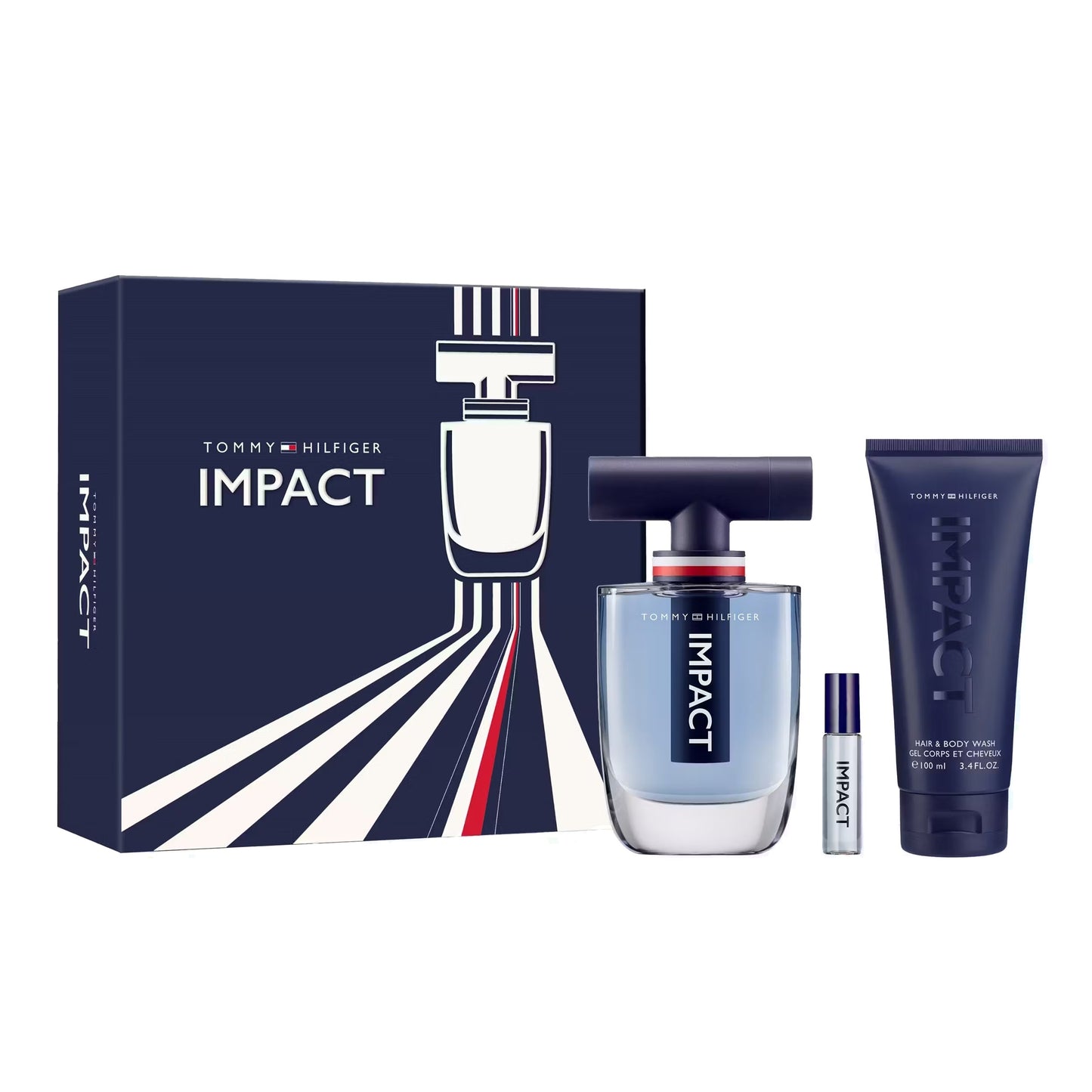 TOMMY HILFIGER IMPACT 3 PCS SET FOR MEN: 3.4 EAU DE TOILETTE SPRAY + 0.14 EAU DE TOILETTE SPRAY + 3.4 SHAMPOO