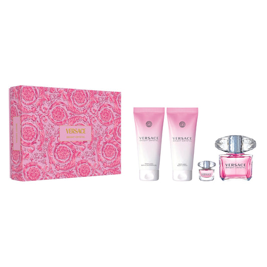 VERSACE BRIGHT CRYSTAL 4 PCS SET FOR WOMEN: 3 OZ EAU DE TOILETTE SPRAY + 0.17 EAU DE TOILETTE MINI + 3.4 BODY LOTION + 3.4 BATH & SHOWER GEL