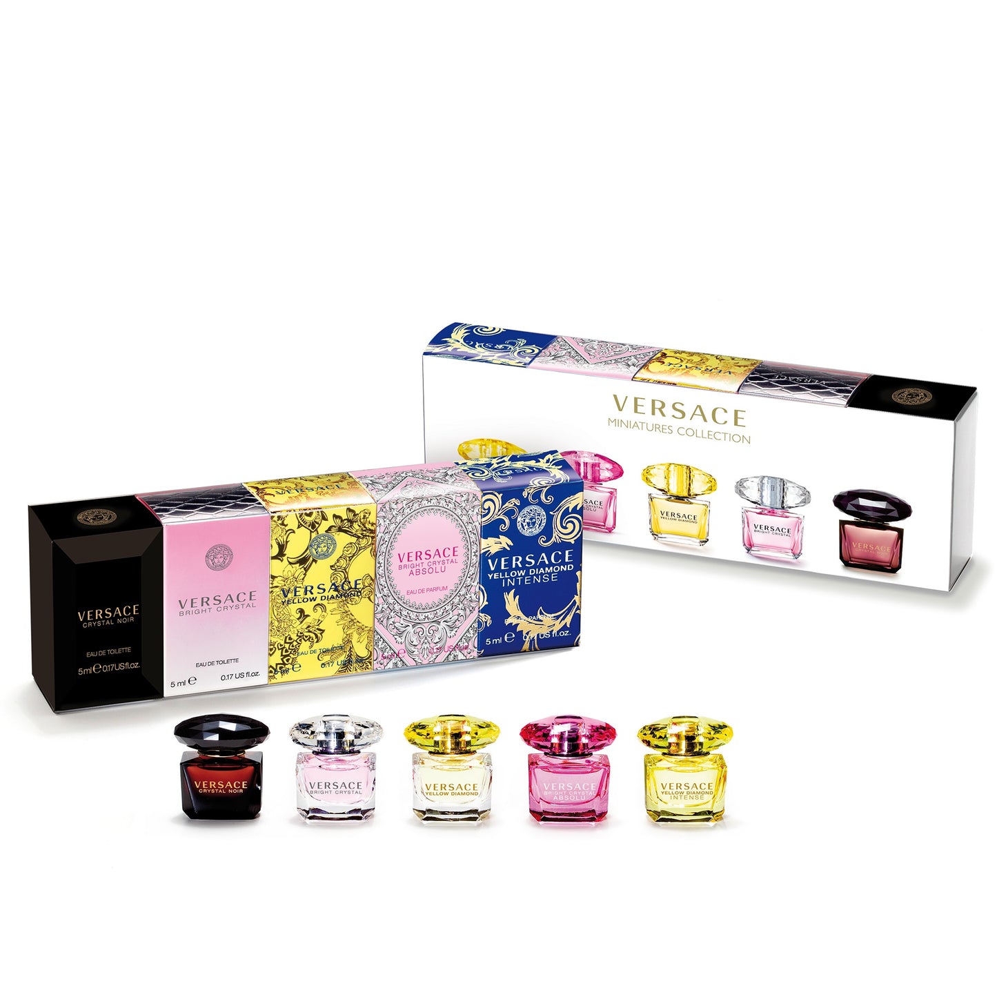 VERSACE 5 PCS MINI SET FOR WOMEN: BRIGHT CRYSTAL 0.17 EAU DE TOILETTE + BRIGHT CRYSTAL ABSOLU 0.17 EAU DE TOILETTE + YELLOW DIAMOND INTENSE 0.17 EAU DE PARFUM + YELLOW DIAMOND 0.17 EAU DE TOILETTE + CRYSTAL NOIR 0.17 EAU DE TOILETTE