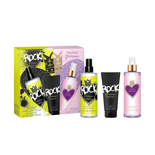 VERA WANG 3 PCS SET FOR WOMEN: ROCK PRINCESS 8.4 HAIR AND BODY MIST + ROCK PRINCESS 6.7 SHOWER GEL + PRINCESS 8.4 HAIR AND BODY MIST